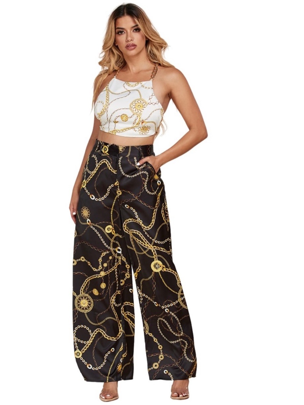 High-Waist Black Wide-Leg Chain Print Pant Set